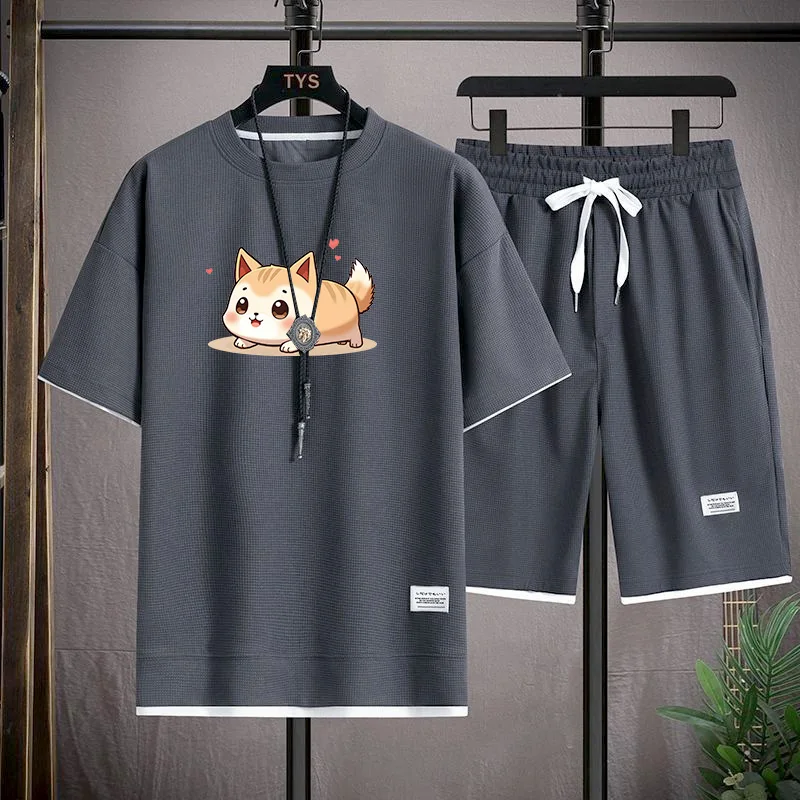 

Summer Trendy Ice Silk Loose Fit ort Sve T-irt And orts Set for Men Casual Sportswear Polyester Fabric Youth Faion