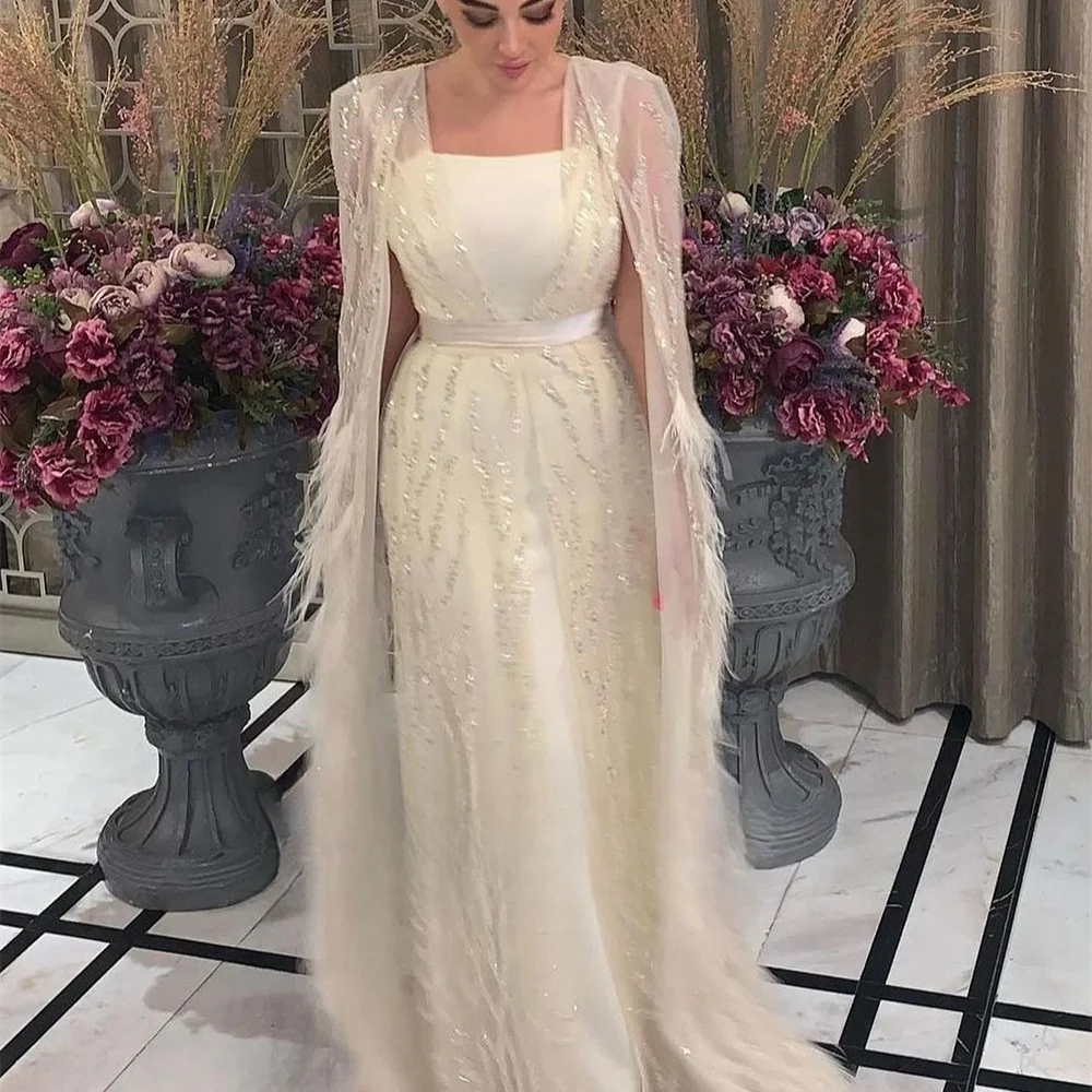 Contessa Dubai Weiße Pailletten Federn Hochzeitskleid Schal Zweiteiliges Set Vestidos de Noche Trägerlos فسات Cosa •agemة Maßgeschneidert 2025