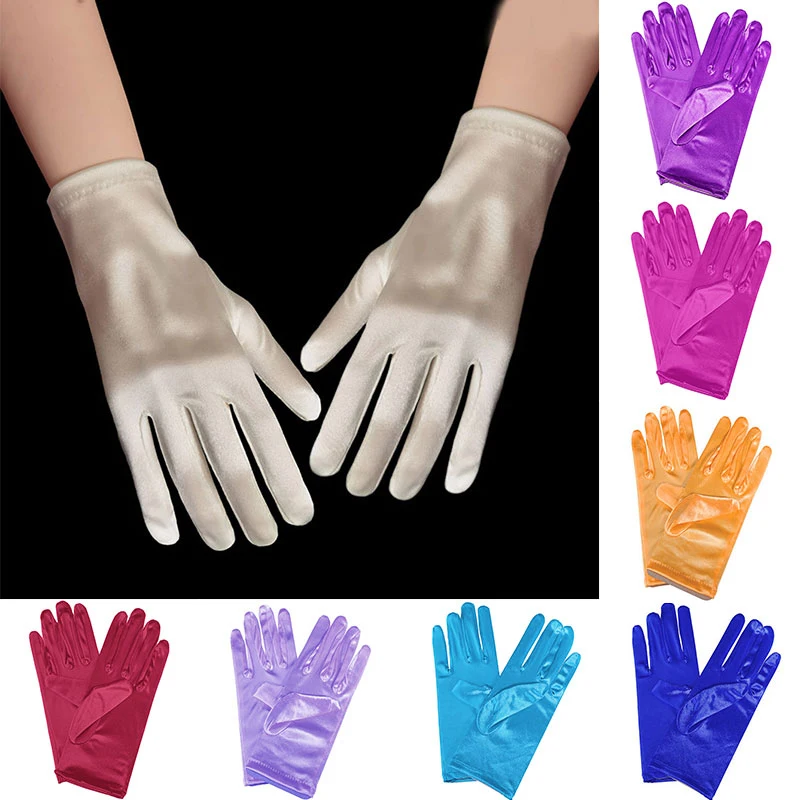 1 Pairs Costume Prom Party Gloves Satin Pearl Full Finger Mittens Women Wedding Bridal Short Gloves Solid Color Gloves Guantes