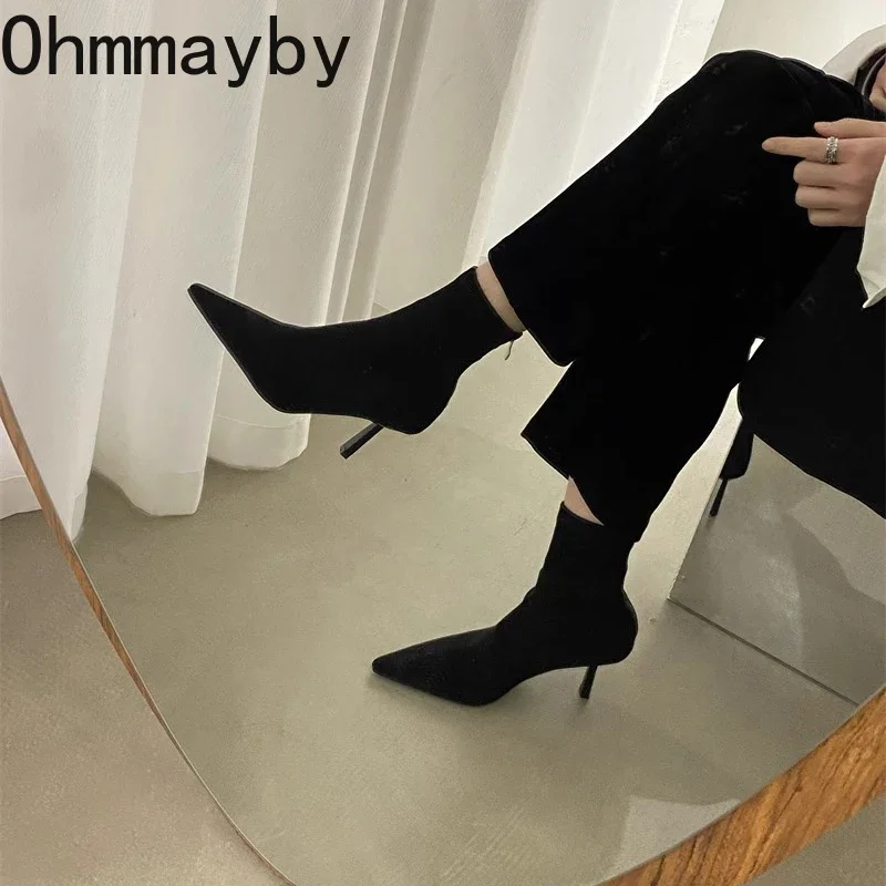 Pointed Toe High Heel Women Stretch Sock Boots Fashion Elegant Modern Short Booties Autumn Laides Dancing Party Shoes