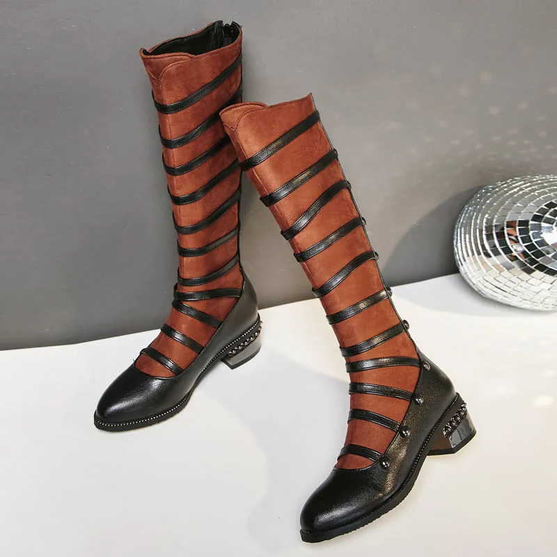 

Autumn Winter Fashion Rivet Knee High Boots for Women Street Style Ladies Shoes Belt Hollow Square Heels Female Booties WSH5431