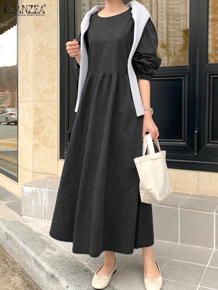 ZANZEA Fashion Women Long Lantern Sleeve Solid Sundress Autumn Elegant Casual Party Midi Dress Robe Femme Loose Holiday Vestido