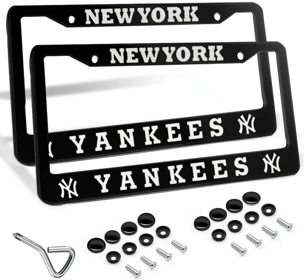 

2 Pack License Plate Frames for Yankees Fans, Rustproof Aluminum Alloy US Standard Holder with Screw Caps, Black