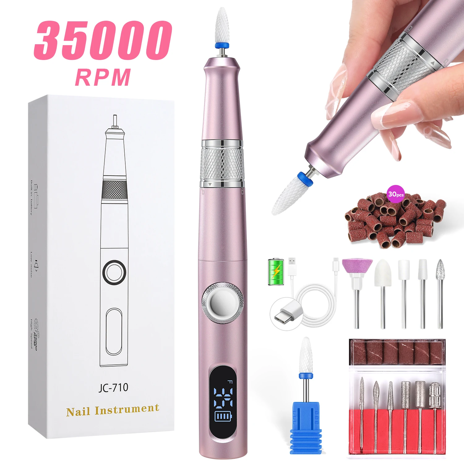 DianaBeauty Nail Drill Machine 35000RPM Portable Nail Polisher with 12PCS Drill Bits Electric Nail Lathe with 1000mAh Battery