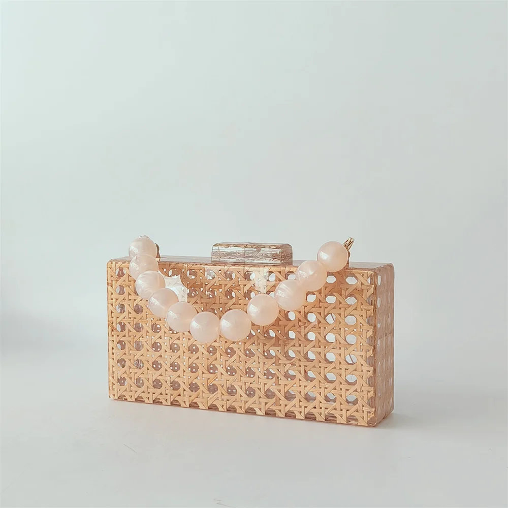 

Acrylic Real Rattan Crossbody Knitting Tote Woman Purse Designer Handbag 20 Cm Long Female Wedding Flap Handmade Evening Bag