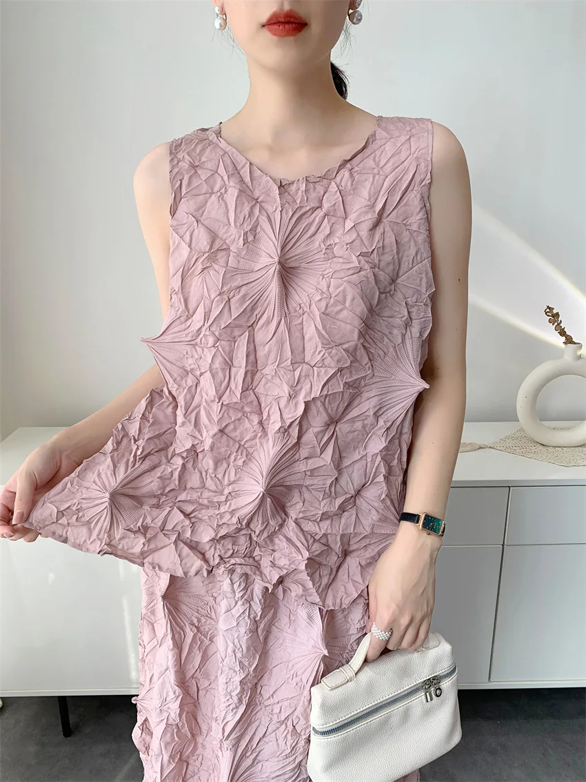Miyake Hand-pleated Women's Casual Solid Color Round Neck Sleeveless Loose Versatile Vest Top Pullover Shirt