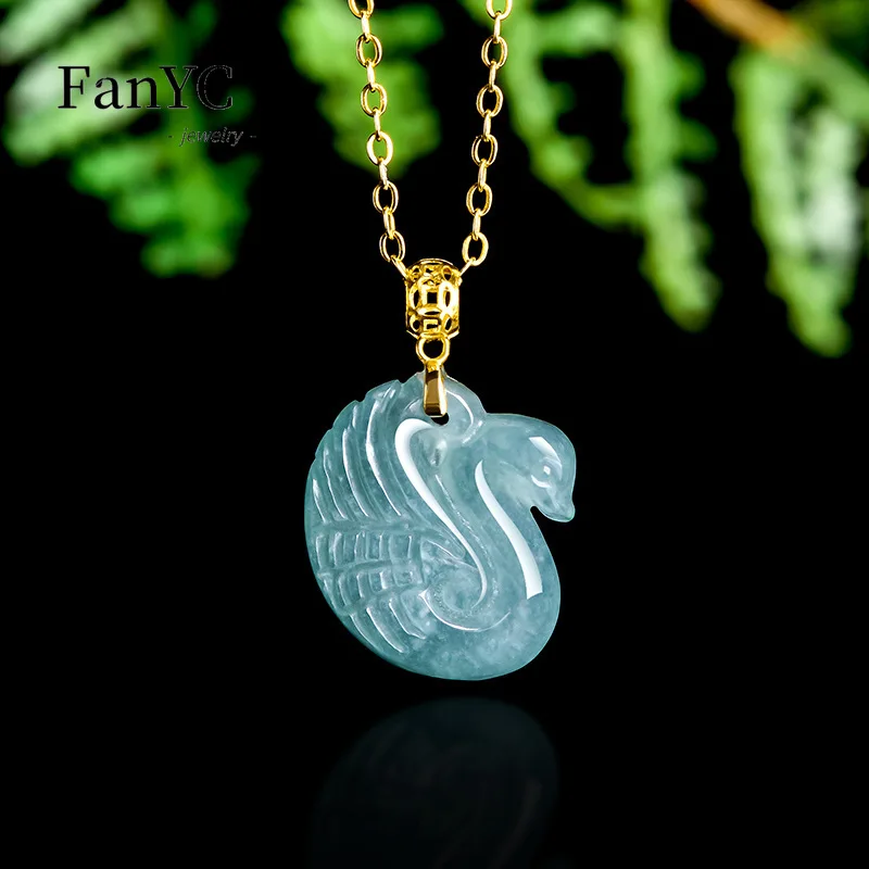 

Natural A-goods Jadeite Blue Water Swan Pendant 18K Gold Inlaid Hand-carved Fashion Charm Ice Jade Necklace Senior Ladies Gift