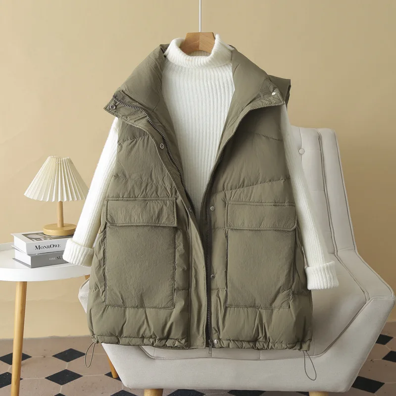 Plus Size Women Down Vest Winter Loose Thick Oversized Stand Collar White Duck Down Coat 2779