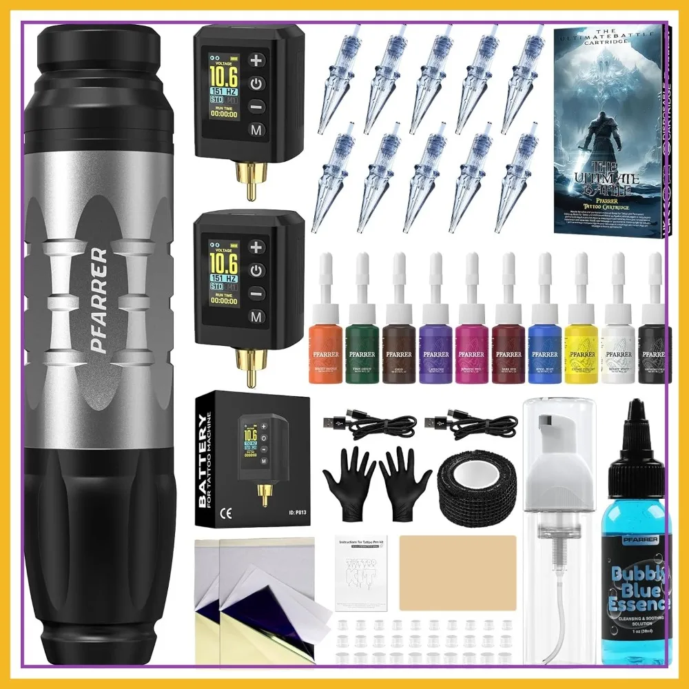 

Wireless Tattoo Gun Kit Professional 2 Batteries Digital Display Tattoo Machine with 10Pcs Needles Ink Practice Skin Transfer Paper