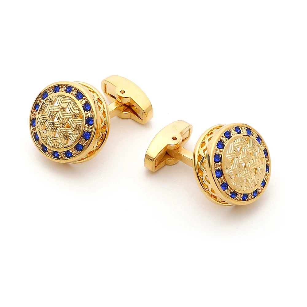 

Cufflinks for Men TOMYE XK22S051 Luxury Blue Crystal Round Golden Copper Dress Shirt Cuff Links