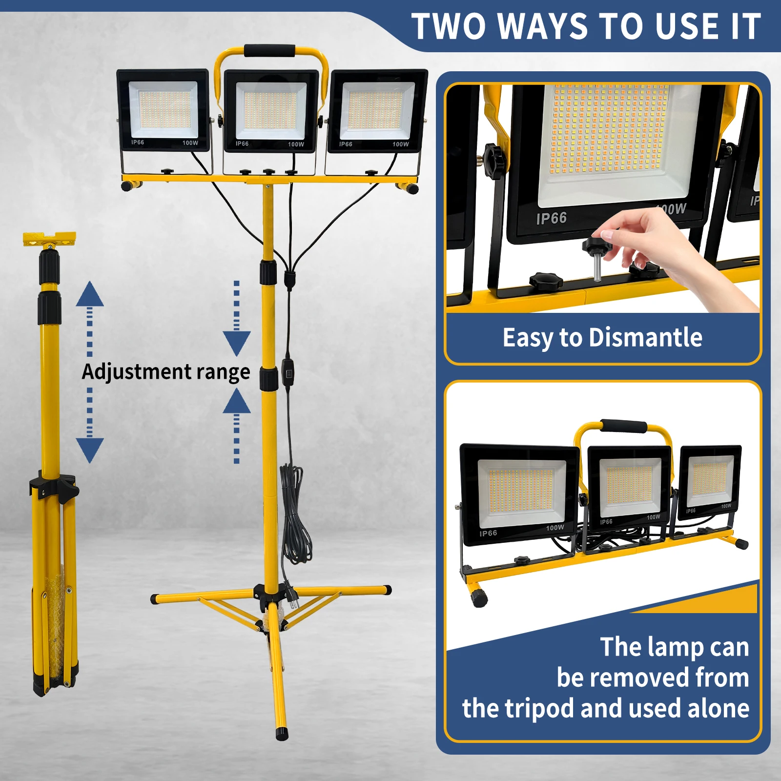 LED Work Lights with Stand - 3 Head Portable Work Light on Stand - IP66 Waterproof Tripod Worklights for Outdoor Indoor Job Site