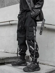 Pantalones Cargo negros Harajuku para hombre, ropa técnica con cintas, Emo japonés, Alt, Jogging callejero, Hippie, gótico