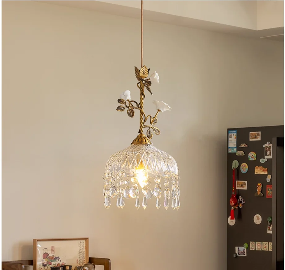 Modern Floral Copper Pendant Light French Glass Shade De Chandelier for Living Dining Room Bedroom D20cm H39cm Lighting Fixture