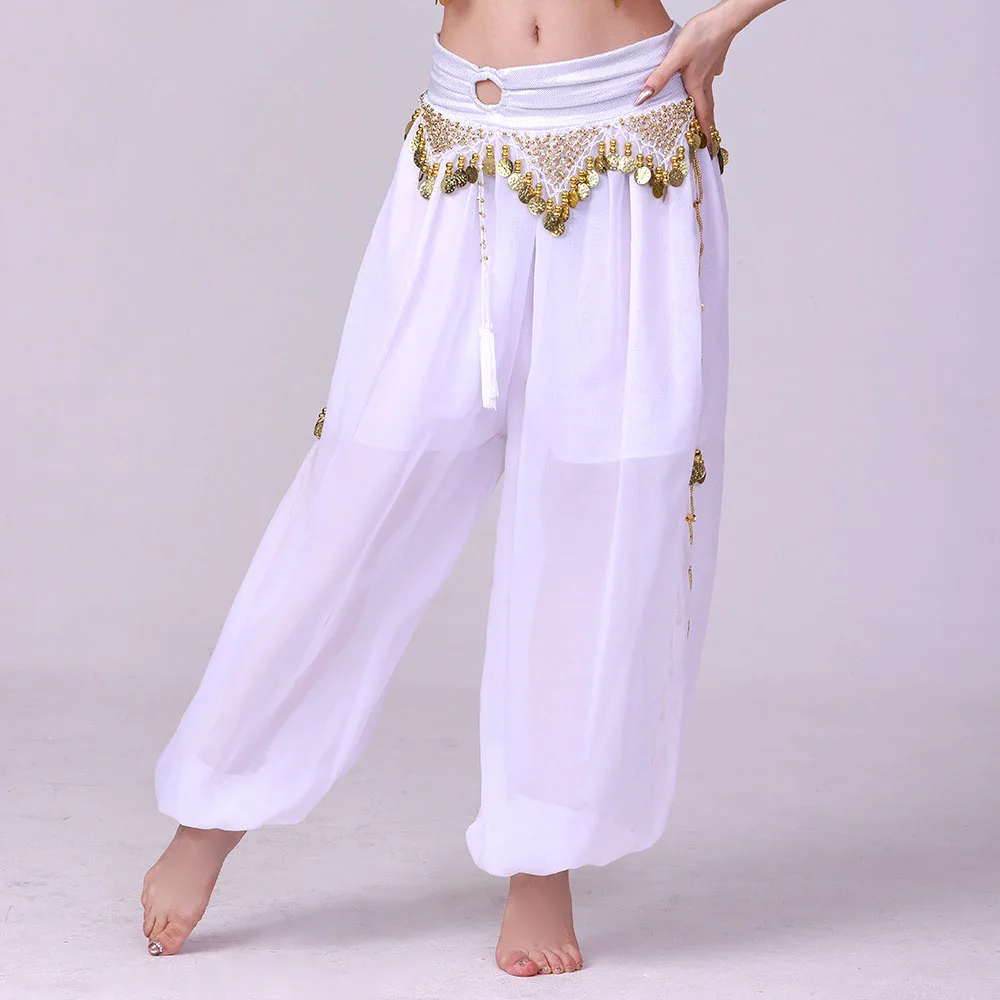 Womens Belly Dance Costume Fairy Trouser Loose Bloomers Pants Side Split Harem Pants Gold Coins Hanging Coin Pants