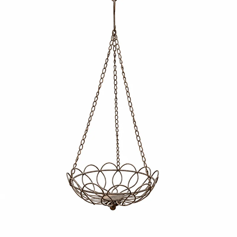 Vintage Brown Hanging Basket 10 Inch Distressed Iron Plant Holder with Chains for Porch Garden Balcony Decor