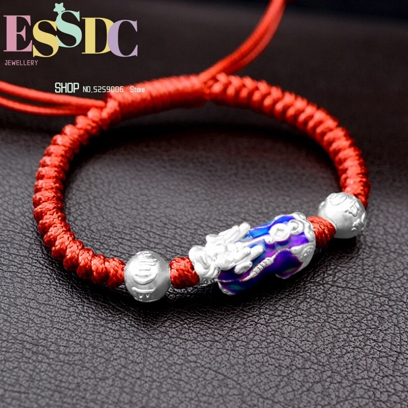 Fashion Dragon Knot S999 Silver Lucky Pixiu Temperature Sensitive Discoloration Hand Woven Men's Six Words Bracelet Wholesale