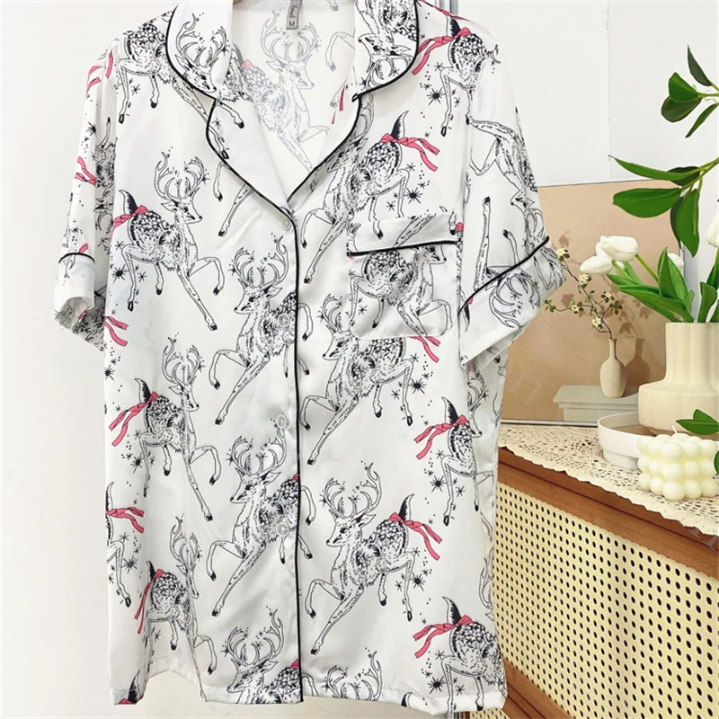 Short Sleeve Pajamas Set Satin Print Nightwear Womne\'s Summer New Home Clothes Luxury Loungewear Top&pants Trousers Suit