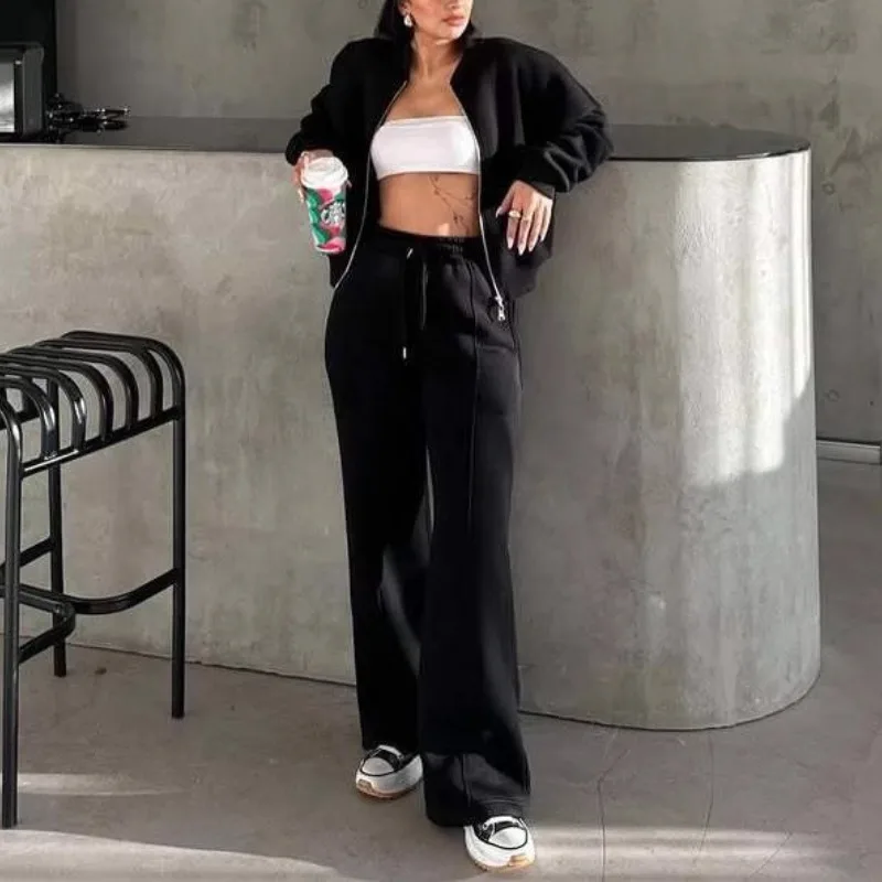 

European American Casual Suit Autumn Winter Cardigan Sports Women's Clothing Fashion Street Style Jacket Trousers Two-piece Set