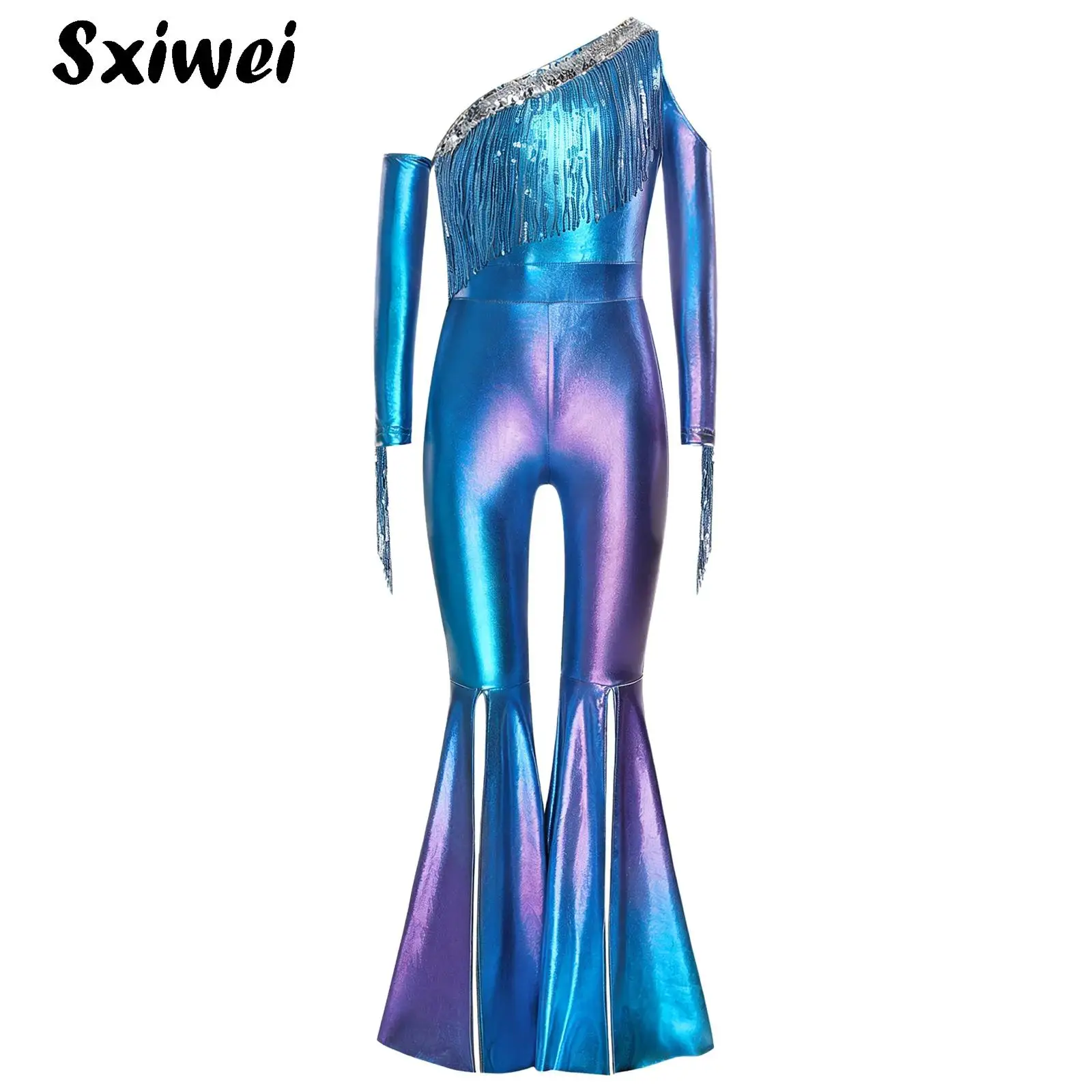 

Kid Girls Shiny Hippie Costume One Shoulder Long Sleeve Sequin Tassel Disco 70s Flare Jumpsuit Metallic Pageant Prom Jazz Romper