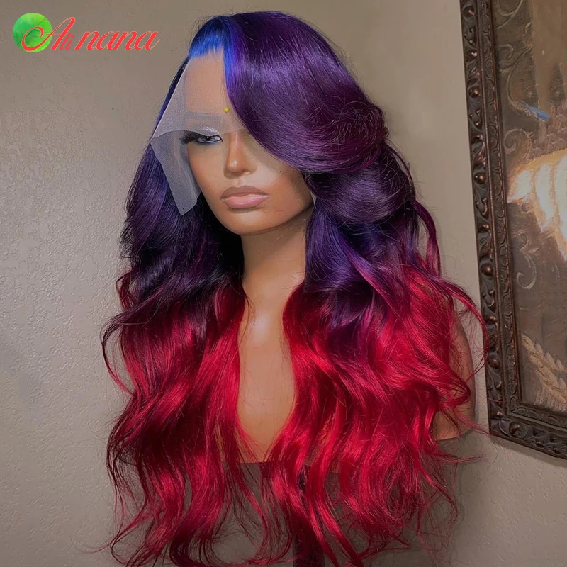 Alinana-Peluca de cabello humano 13x4 para mujer, postizo de encaje Frontal transparente, color morado y Rojo degradado, 30 pulgadas