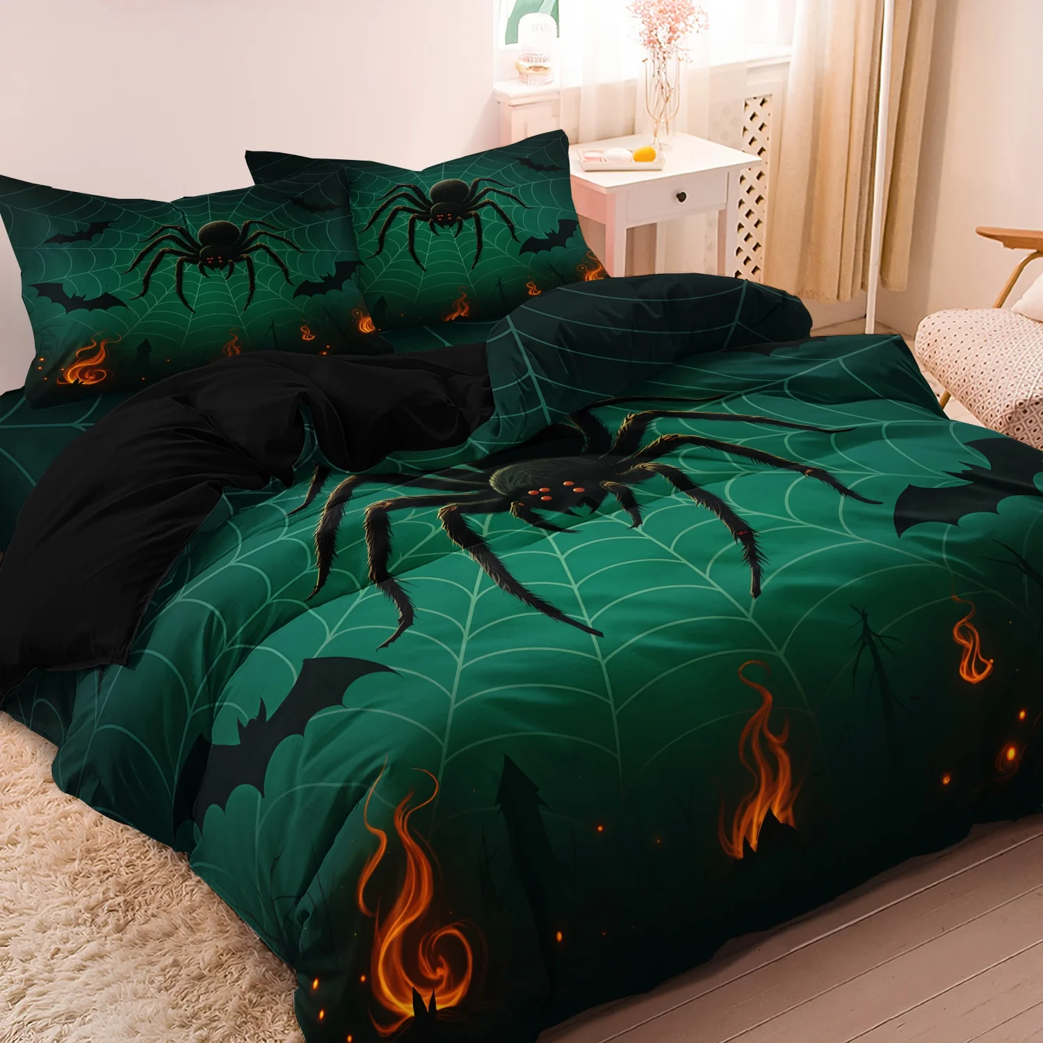 3 Pieces Gothic Halloween Spider Print Duvet Cover Bedding Set, Dark Green Spider Web Bat Flame Holiday Pattern Bedding