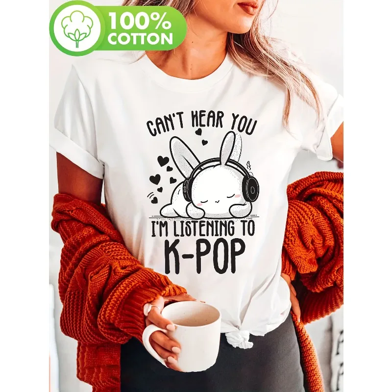 

Женская забавная футболка с принтом кролика K-Pop «Can't Hear You Listening To K-Pop» Стильный милый топ с круглым вырезом для наушников с кроликом