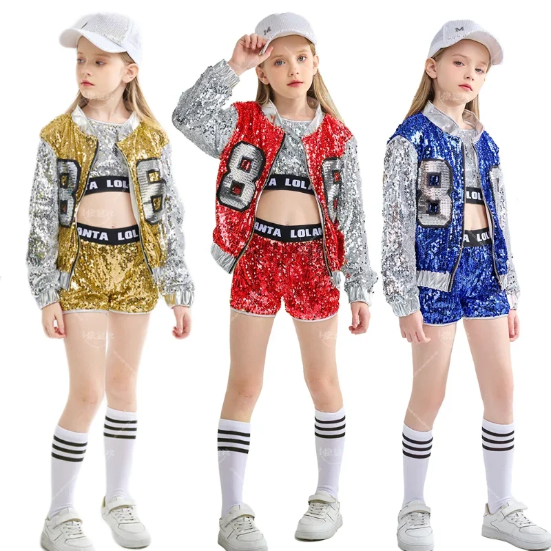 Girls Pink Sequin Crop Tops Shorts Jacket Dancewear Costume Hip Hop Modern Jazz Dance Stage Performance Wear image 2