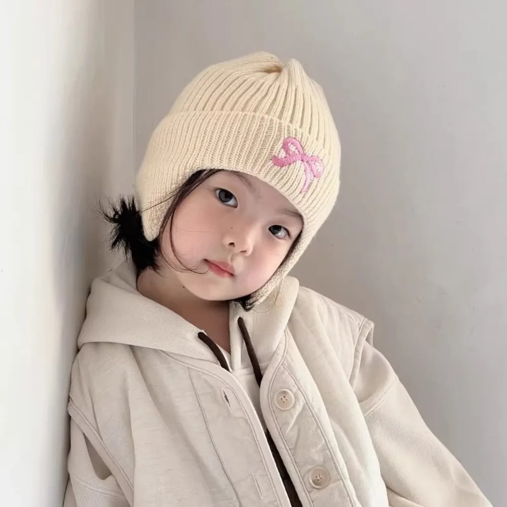 New Knitted Pullover Cap Warm Windproof Beanie Hat Coldproof Bow Embroidery Kni…
