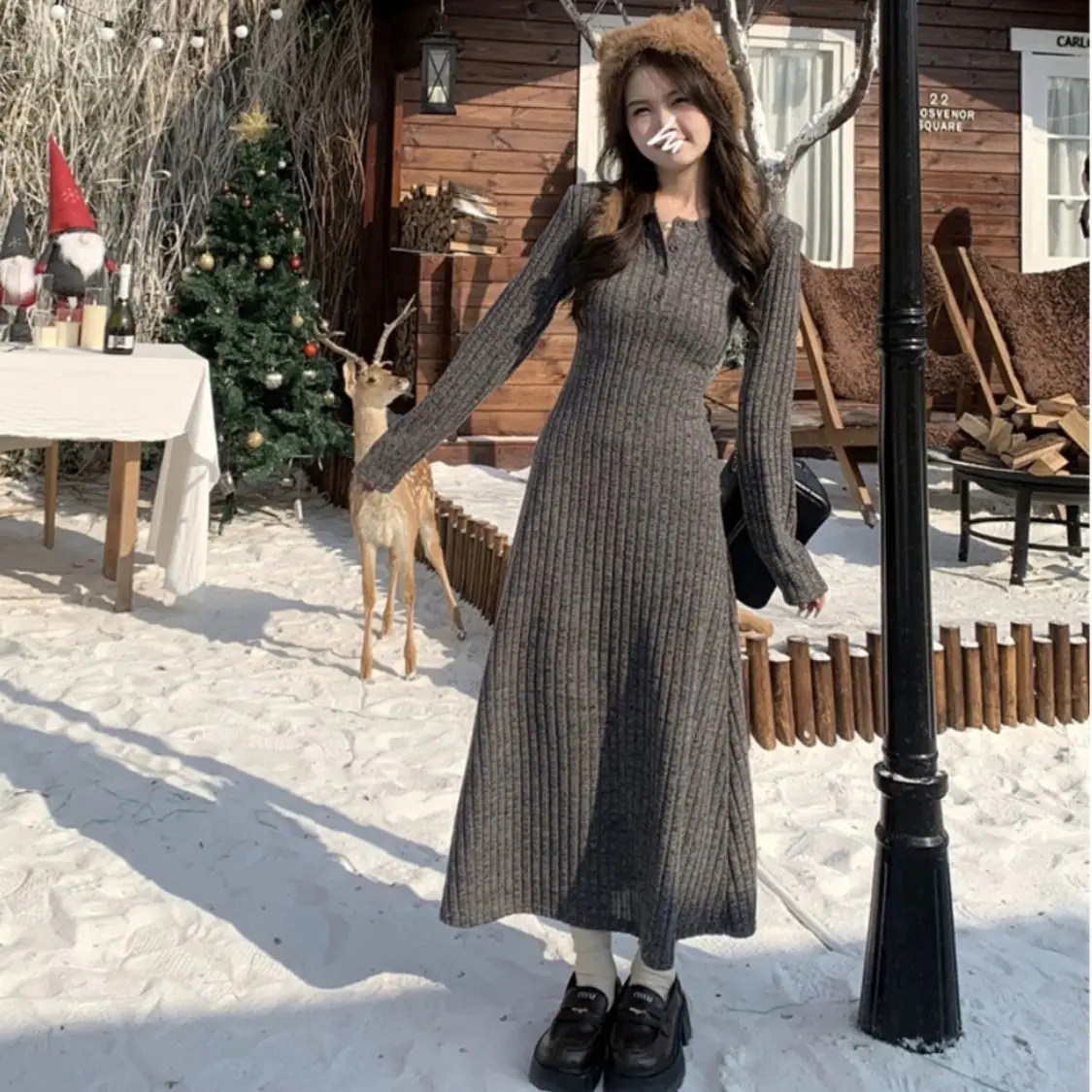 

French Knitted Dress Lapel Long Section Long Sleeve Dresses Women Solid Slim Autumn Winter Female Defined Waist Knitting New