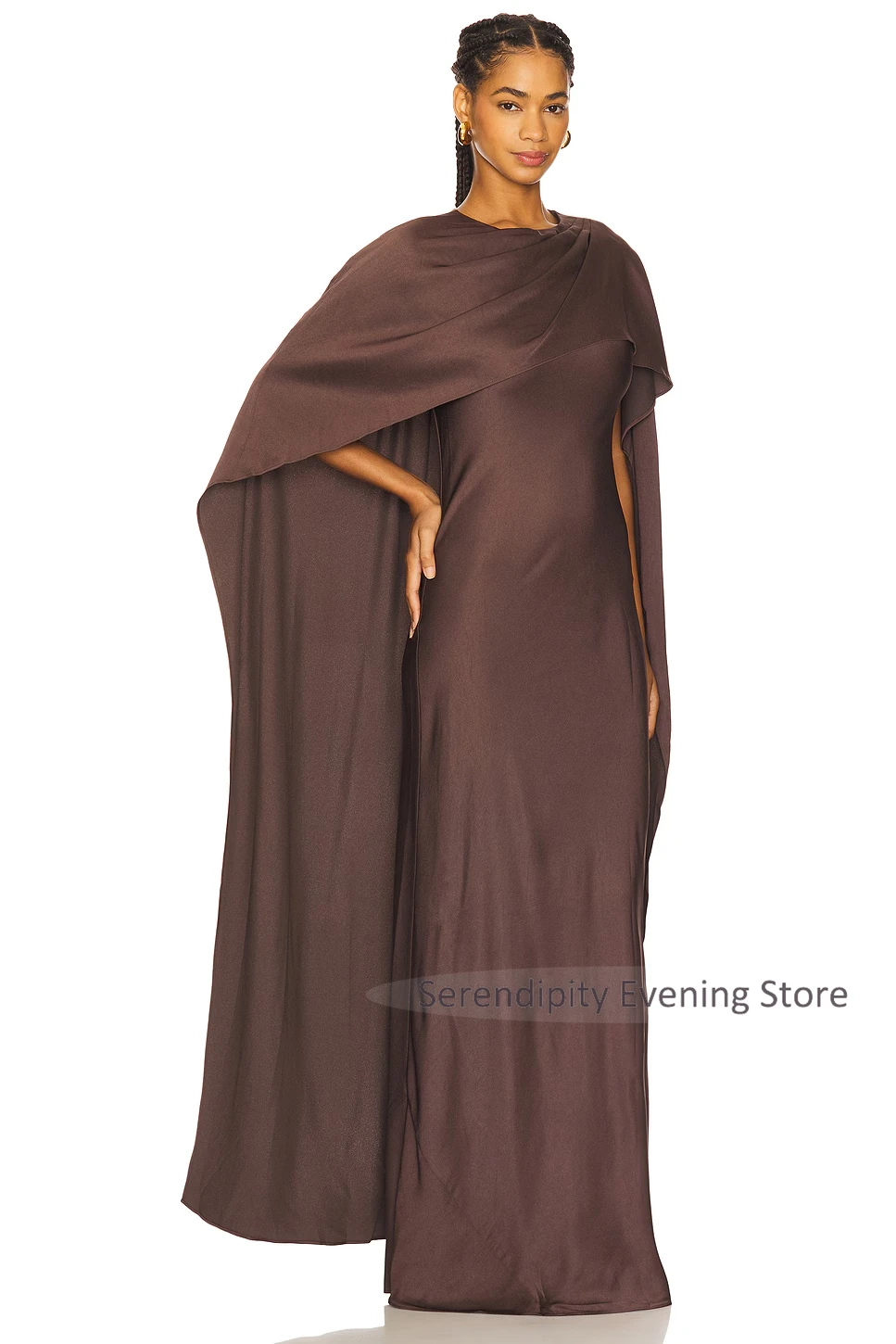 Aangepaste lange satijnen moeder van de bruidjurk met cape zeemeermin elegante avondjurk voor bruiloft vrouwen lange formele proml-jurk