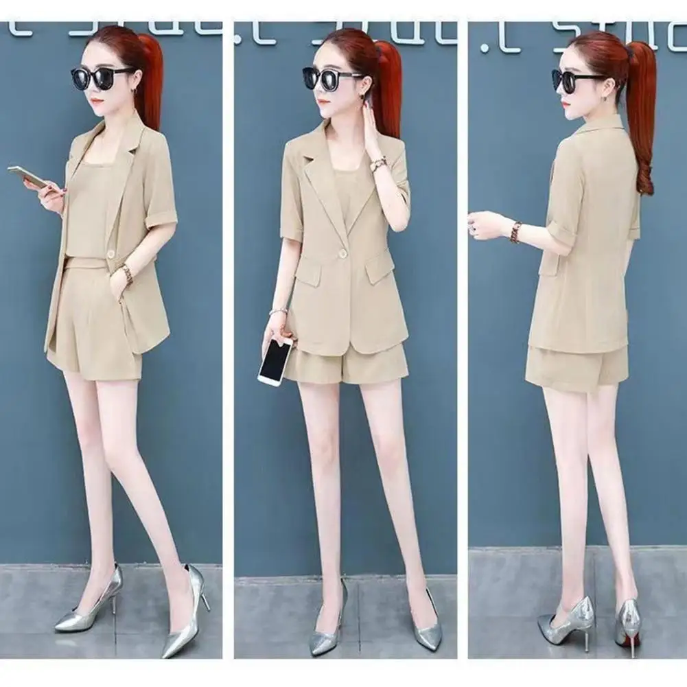 Women Summer Matching Sets Solid 2023 New Blazers Coats+Shorts+Vest 3Pcs Suits Ladies Fashion Streetwear Female Elegant Outfits