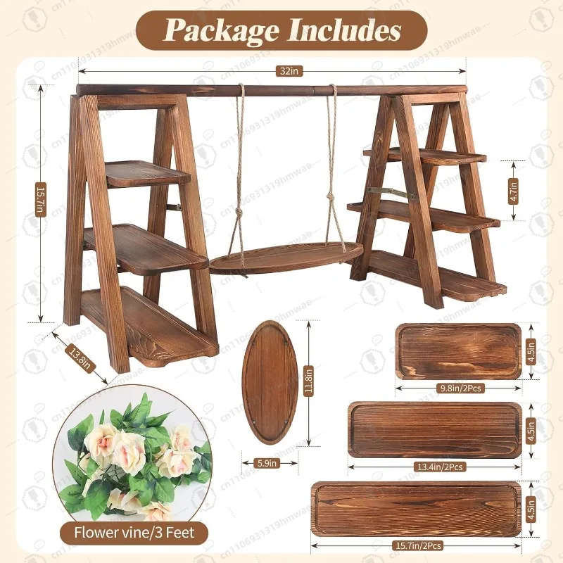 Wooden Three-tier Cupcake Stand with Swing and Floral Decoration: Removable Tray, Foldable Ladder