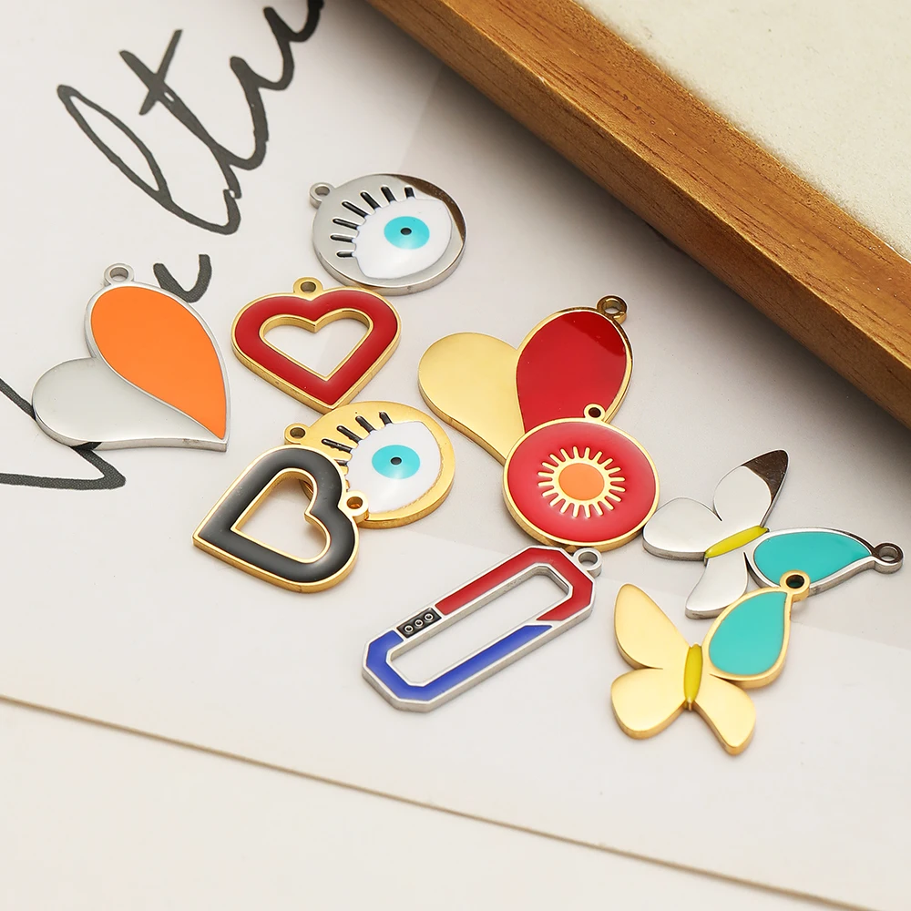 5 Stück Edelstahl-Emaille-Anhänger in Herz-, Schmetterlings- und Augenform für DIY-Schmuckherstellung, Halsketten, Ohrringe, Armbänder und Zubehör – Detail 5