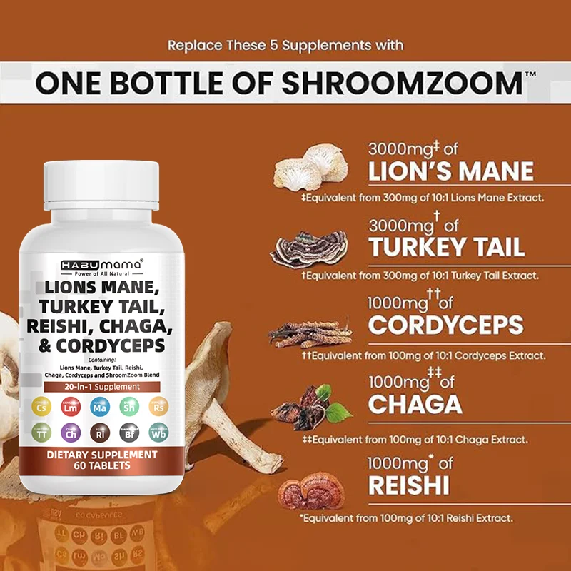 Lions Mane 3000mg 20in1 Mushroom Men Supplement with Turkey Tail 2000mg Reishi 1000mg Cordyceps Chaga 1000mg Maitake Meshima