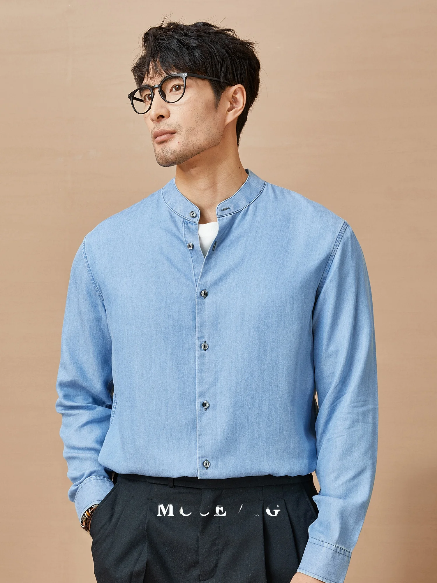 

Elegant Stand Collar Denim Shirt Men's Long Sleeve Casual Commute Basic Style Spring Autumn Men's Fashion Urban Breathable