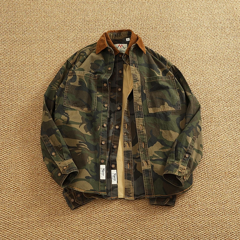 Washed Cotton Work Shirt Men's Military Style Patchwork Collar Long Sleeve Casual Shirt Jacket All-Match Vintage Camouflage