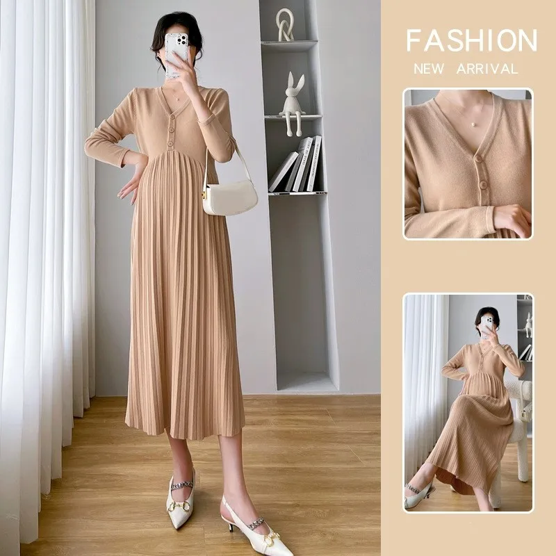 

Autumn Winter Knitted Maternity Long Dress V Neck A Line Slim Pleated Ruffle Clothes for Pregnant Women Pregnancy Clothes Korean