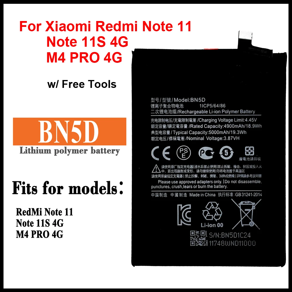 New 5000mAh BN5D Battery For Xiaomi Redmi Note 11 11S 4G M4 PRO 4G Mobile Phone Batteries + Free Tool Set