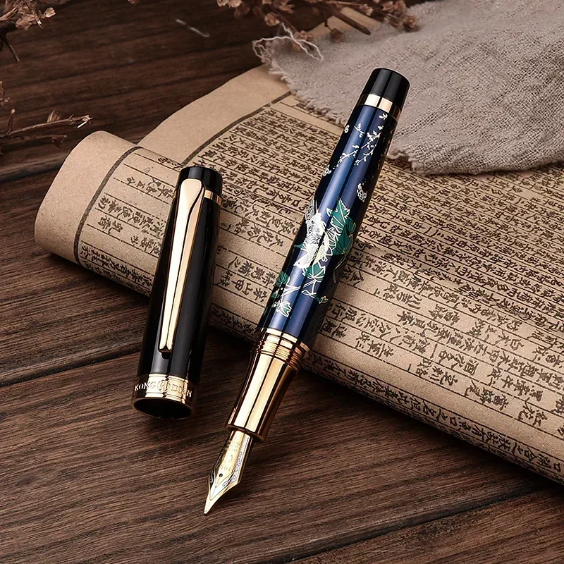 New HongDian 1837 Metal Fountain Pen Hand-Drawing Blue Magpie Iridium EF/Bent Nib Ink Pen Excellent Writing Gift Pen For Busines