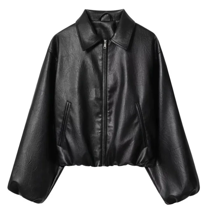 PRINTKAOIR 2025 уличная женская куртка-бомбер из искусственной кожи с воротником-стойкой, шикарная верхняя одежда с длинными рукавами, эластичный подол, женский модный топ