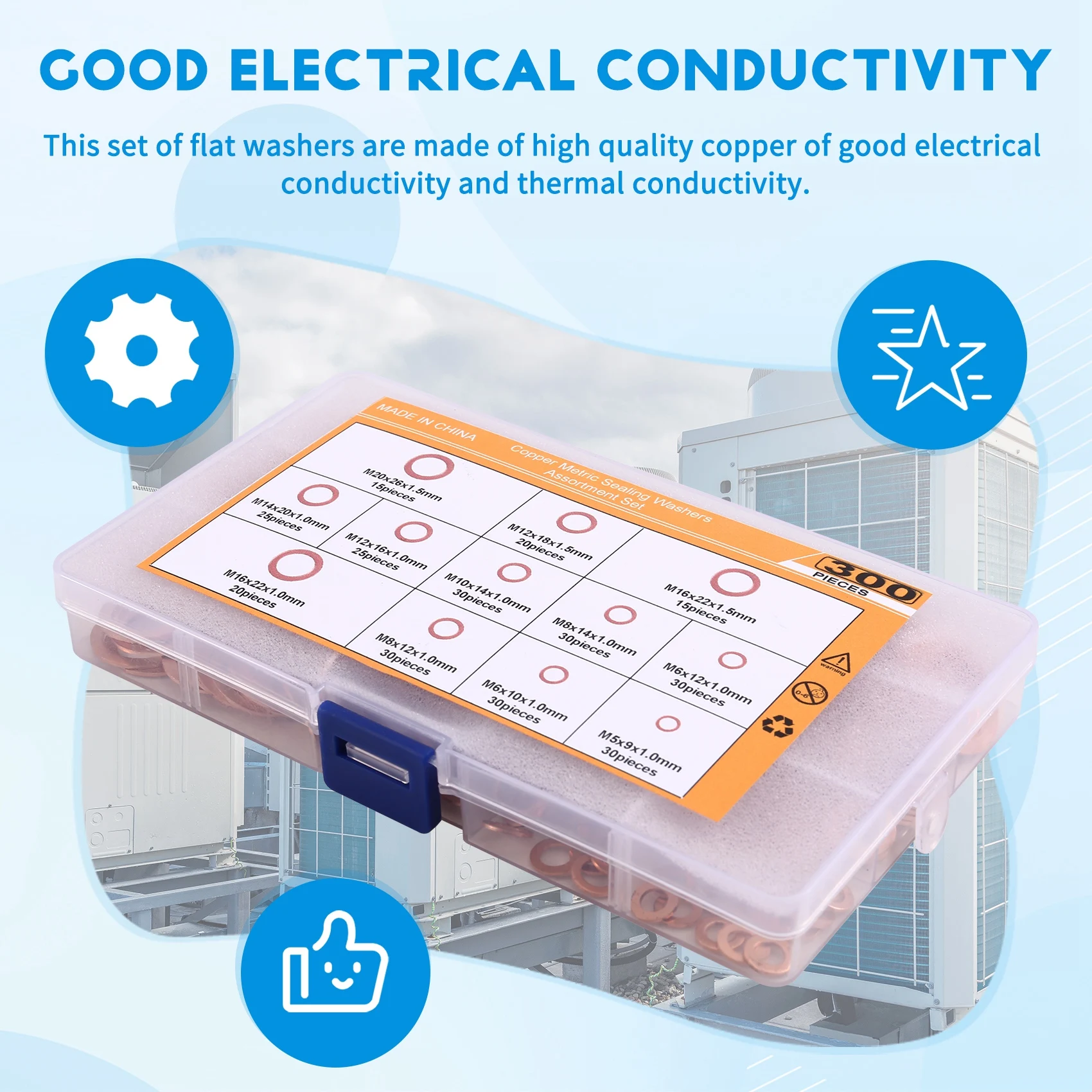 A20F-300Pcs Copper Washer Combination Box Sealing Copper Gasket Metal Flat Washer Combination