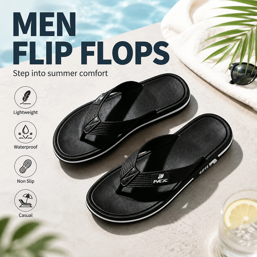 Men Flip Flops Summer Beach Flip Flops Lightweight Waterproof Casual Slippers for Household Pool Outdoor Walking Slides