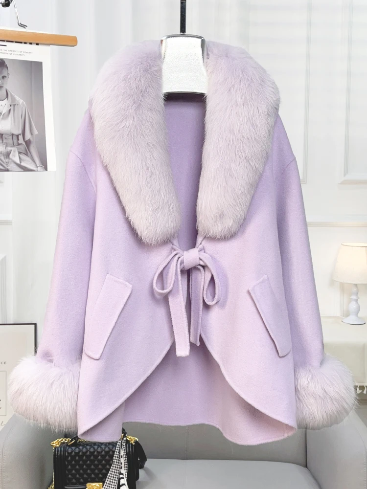 

Haining 2024 New Wool Double sided Woolen Cloak with Fox Fur Collar Coat, High end Bow Tie, Elegant Style