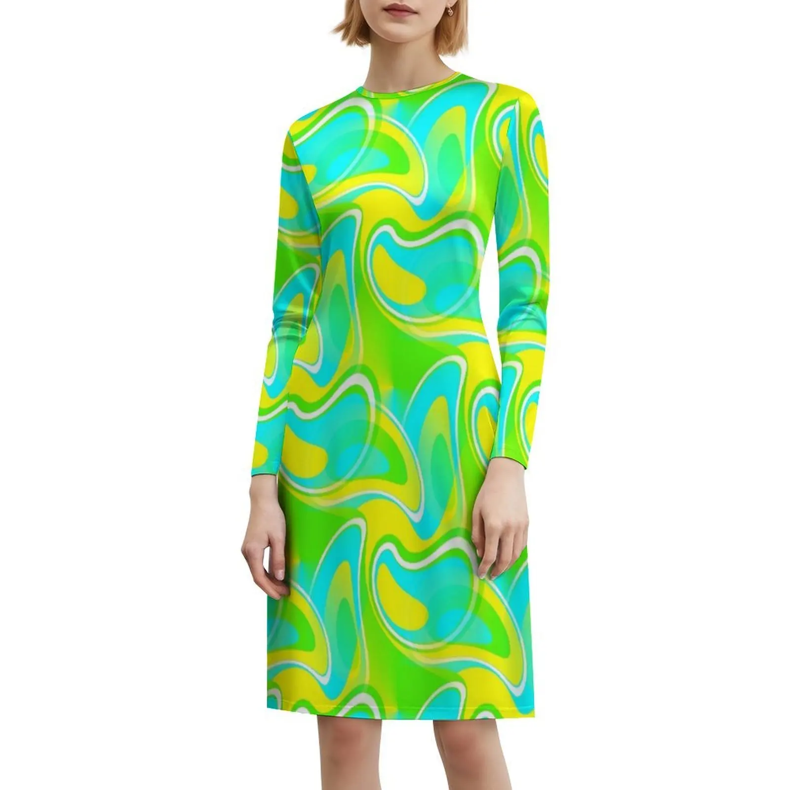 شعور رائع-60'S Mod Paisley مجردة باللون الأخضر والأزرق فستان عطلة مثير للنساء فستان قصير لحفلات الشاطئ وأعياد الميلاد Mellowcat #6