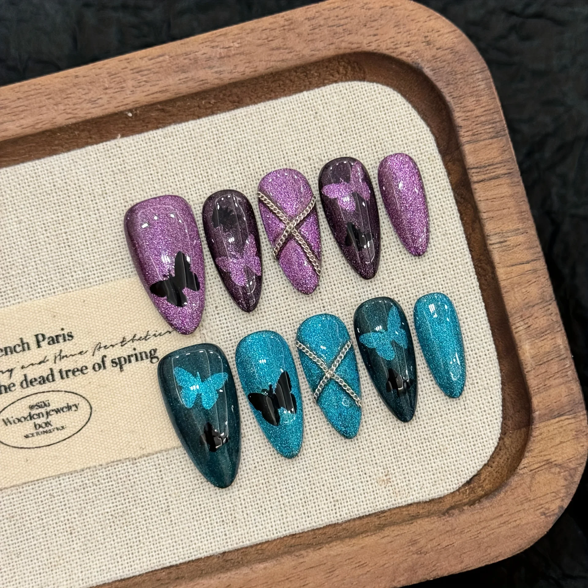 

10pcs Handmade Press on Nail Blue and Purple Butterfly Cat's Eye Cutouts Fake Nail for Women&Girl Almond Removable Wearable Nail