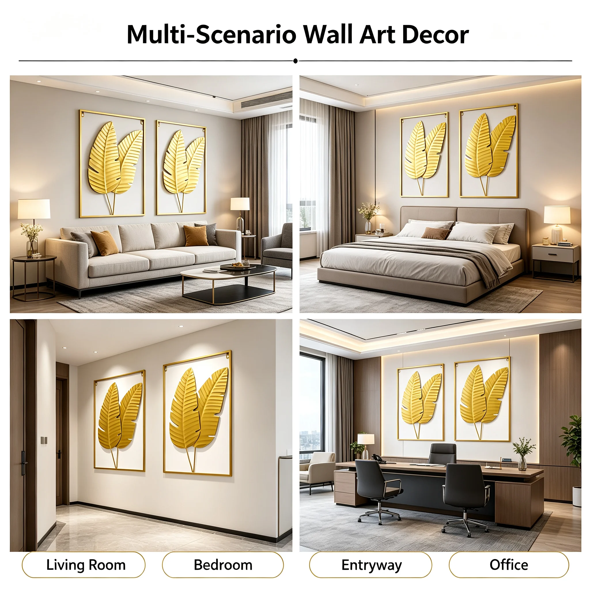 2PCS Gold Iron Leaf Wall Decor Set, Golden Metal Begonia Leaf Wall Art Hanging 41x61cm with Frame, Modern 3D Textured Wall Decoration for Living Room Bedroom Office, Gold