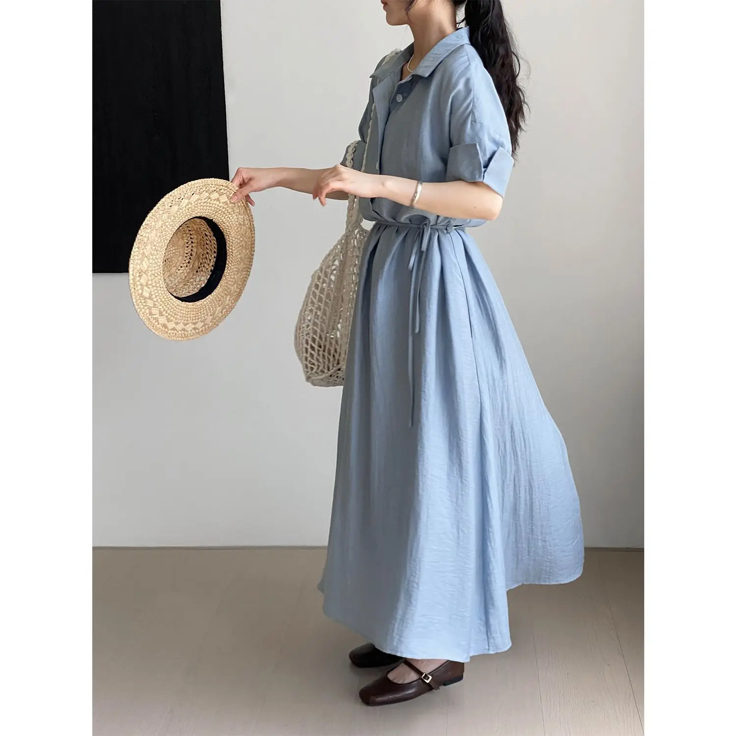 

Loose Linen Dress Women's Lapel Lace-up Waist Shirt Dress