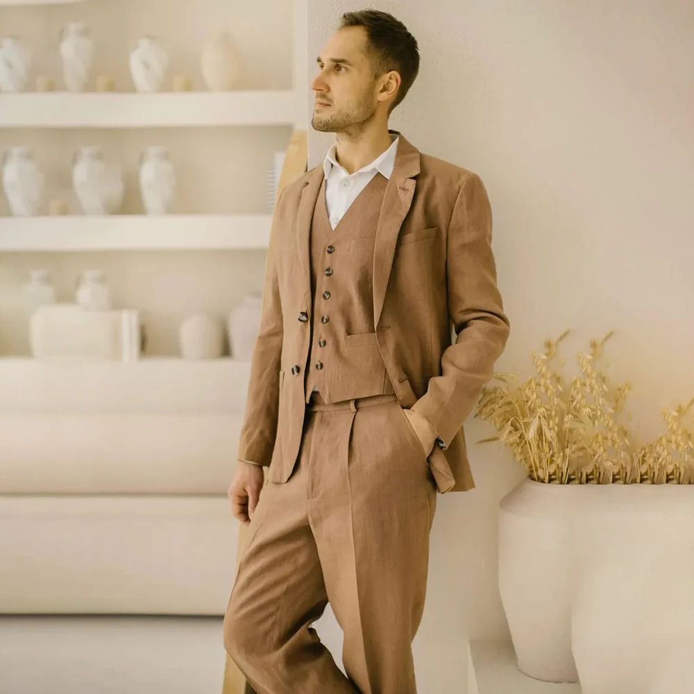 

Summer Linen Men's Suits Elegant Casual Single Breasted Blazer Customized Khaki 3 Piece Jacket Pants Vest Outfits Costume