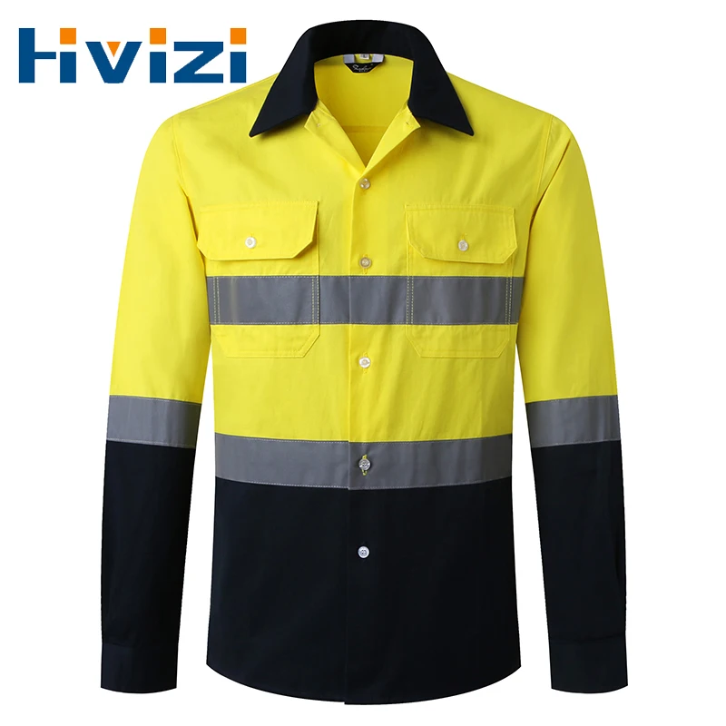 

Hi Vis Viz Shirts Safety Construction Workwear Two Tone 100% Cotton Reflective Long Sleeve