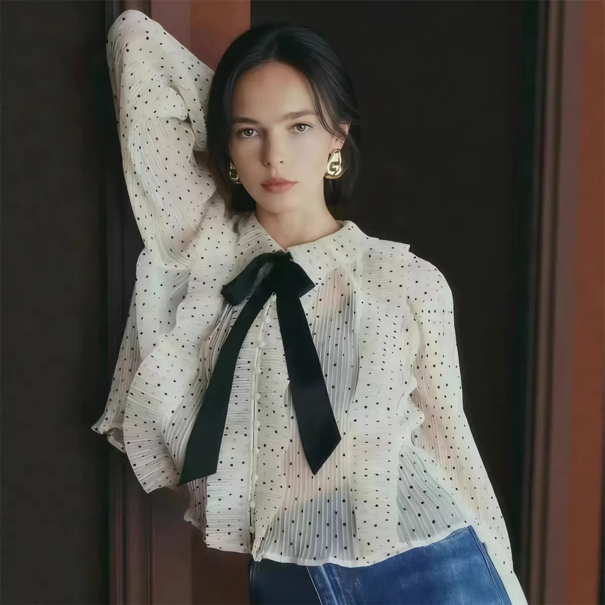 

Sweet Polka Dot Bow Tie Blouse Vintage Court Style Spring Summer New Arrival Women's Loose Fit Long Sleeve Polyester Fiber